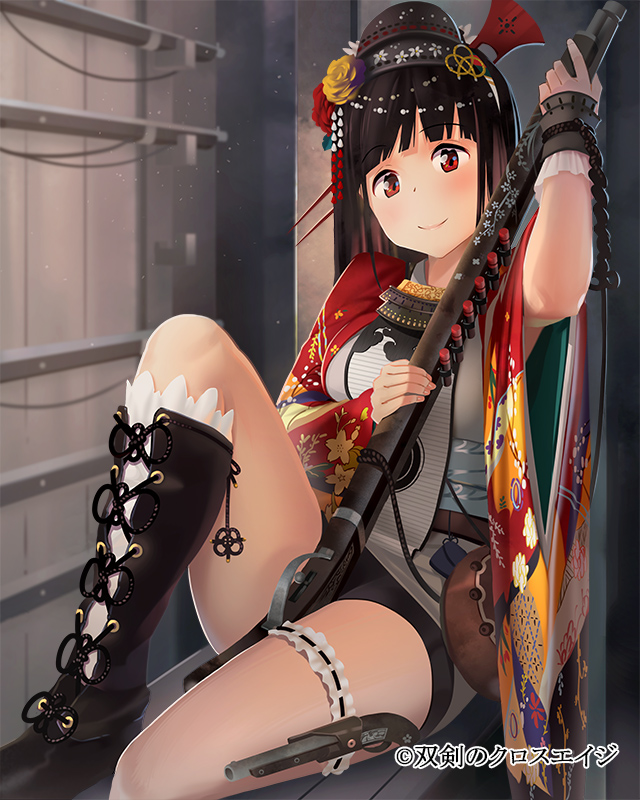 bangs, between_legs, black_hair, boots, ddal, flower, garters, gun