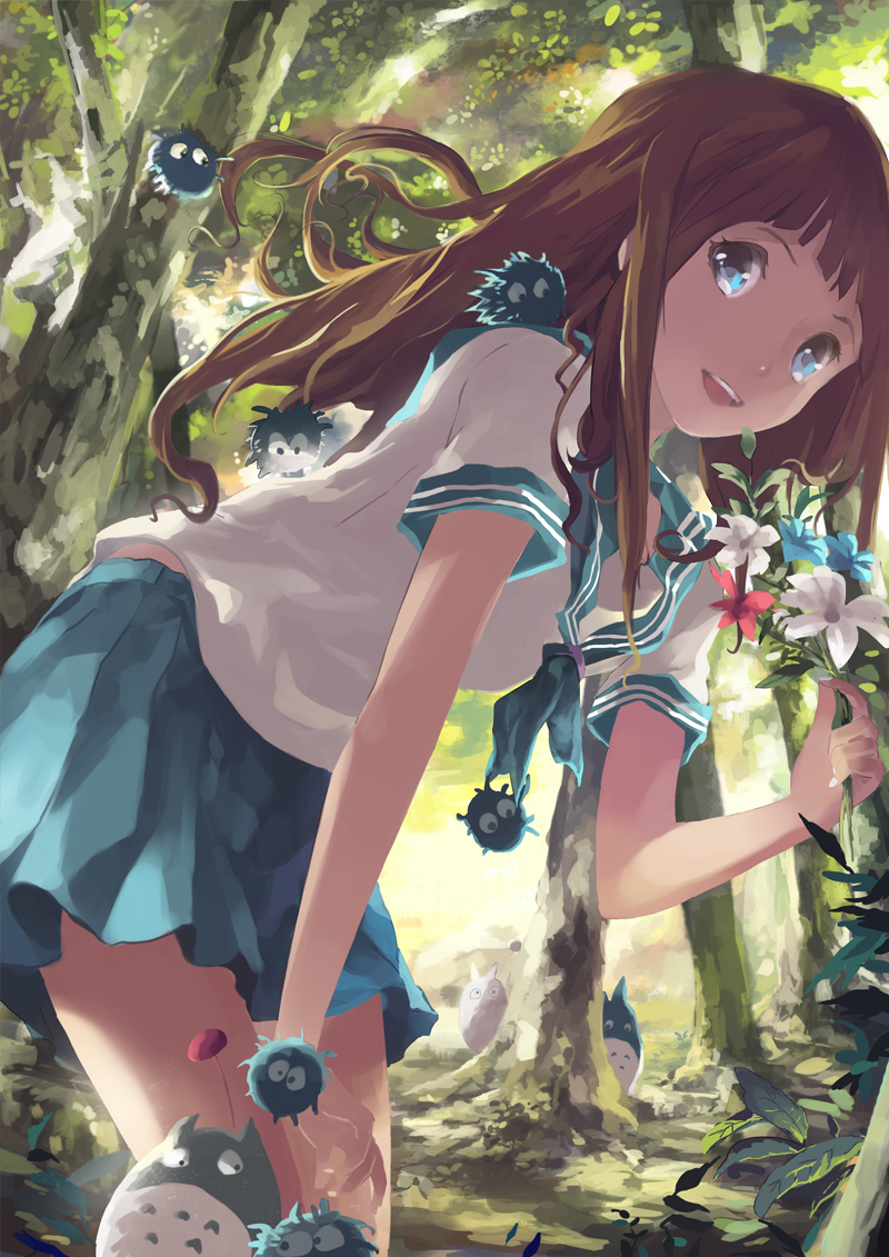 black_hair, blue_eyes, chitanda_eru, crossover, flower, forest, hyouka, long_hair