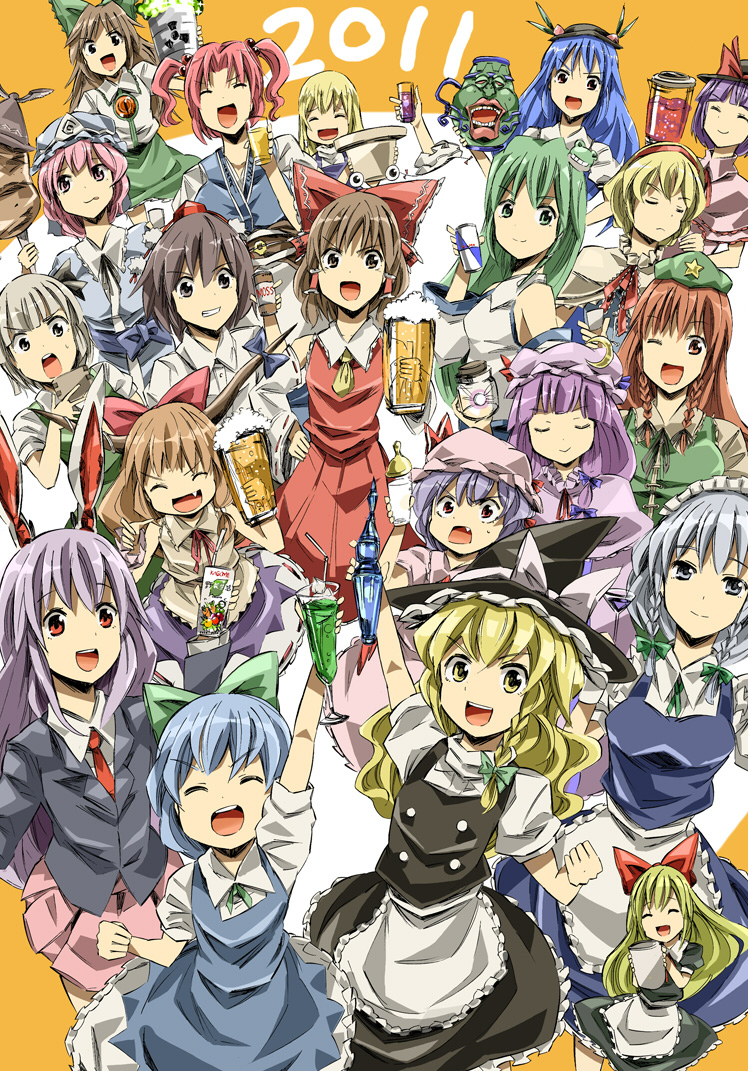 6+girls, alice_margatroid, animal_ears, apron, ascot, baby_bottle, beer, black_eyes