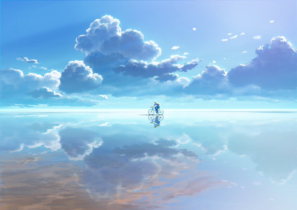bicycle, cloud, clouds, landscape, original, reflection, saitama_(nrh49840), sky, solo, water