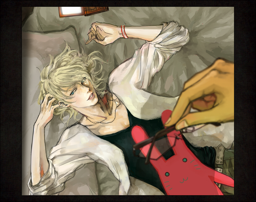 alternate_costume, barnaby_brooks_jr, blonde_hair, blurry, cellphone, depth_of_field, glasses, green_eyes