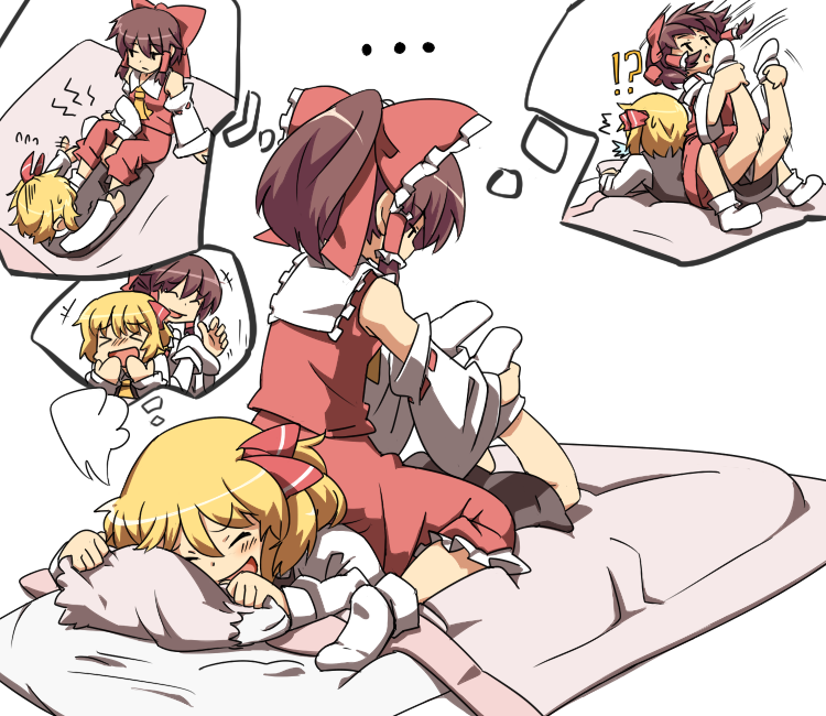>_<, ..., 2girls, blonde_hair, blush, brown_eyes, brown_hair, failure, figure_four_leglock, futon, hair_ribbon, hakurei_reimu, hihachi, imagining, laughing, multiple_girls, pillow, ponytail, ribbon, rumia, short_hair, simple_background, smile, socks, tickling, touhou, white_background, white_legwear, wrestling