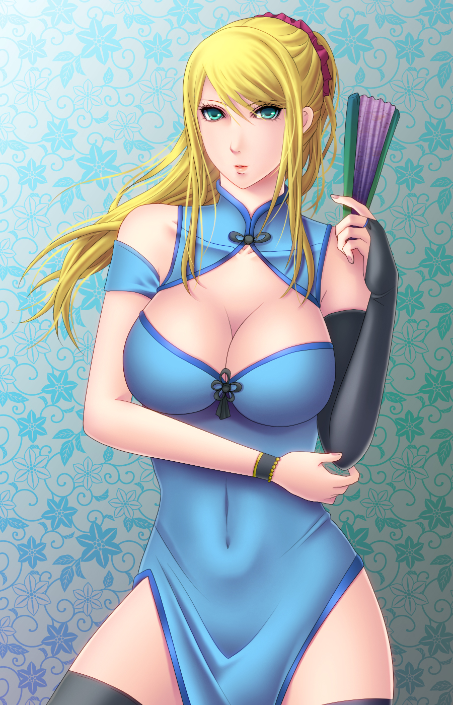 artist_request, blonde_hair, blue_eyes, breasts, bridal_gauntlets, china_dress, chinese_clothes, cleavage