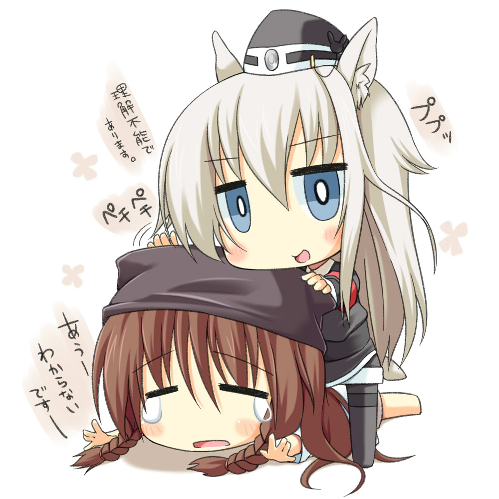 animal_ears, blue_eyes, braid, brown_hair, chibi, grey_hair, hat, hinagiku_(enomoto_hina)