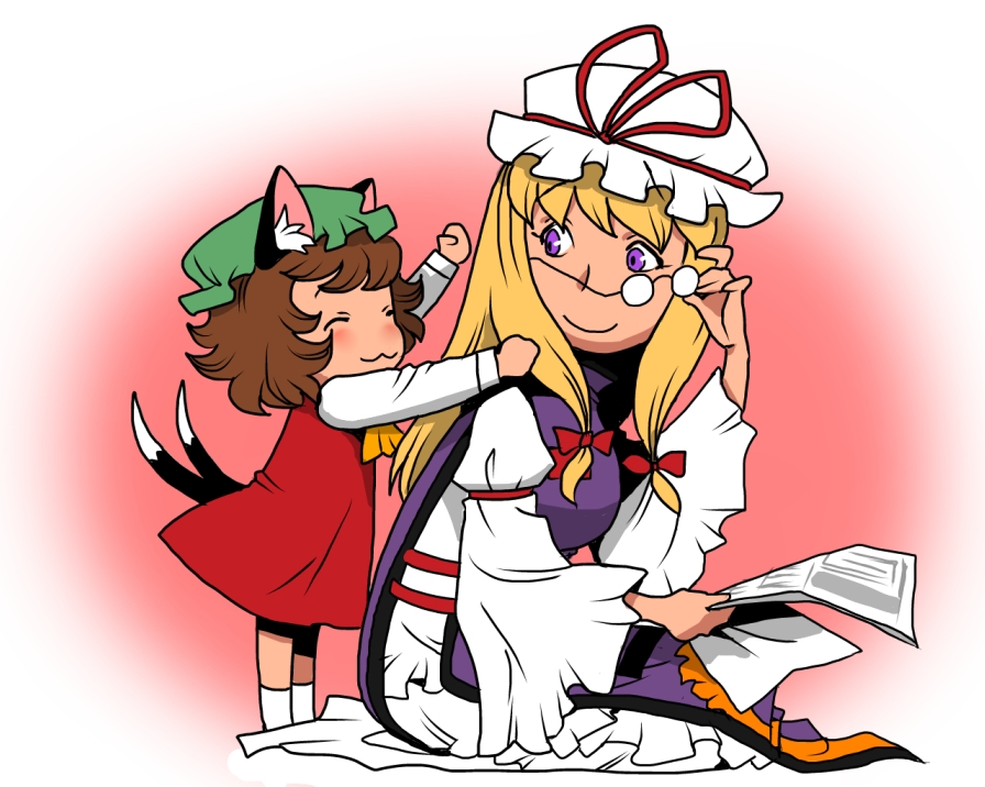 :3, ^_^, animal_ears, ascot, bespectacled, blonde_hair, blush, brown_hair
