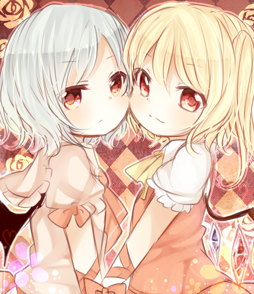 :3, argyle, argyle_background, arm_ribbon, ascot, bat_wings, blonde_hair, bust