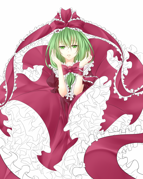 arm_ribbon, bow, dress, frilled_dress, frills, front_ponytail, green_eyes, green_hair, hair_bow, hair_ornament, hair_ribbon, kagiyama_hina, long_hair, looking_at_viewer, red_dress, ribbon, shihime_(miori), solo, touhou, tsukioka_shien, work_in_progress