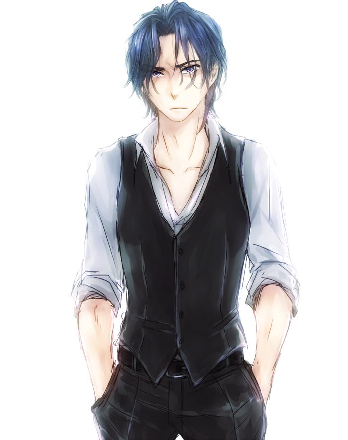 1boy, asagi-2580, blue_eyes, blue_hair, fate/zero, fate_(series), hands_in_pockets, matou_byakuya, solo, vest, waistcoan