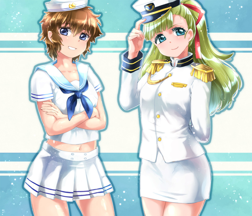 blue_eyes, brown_hair, crossed_arms, dixie_cup_hat, epaulettes, green_hair, grin, hand_on_hat