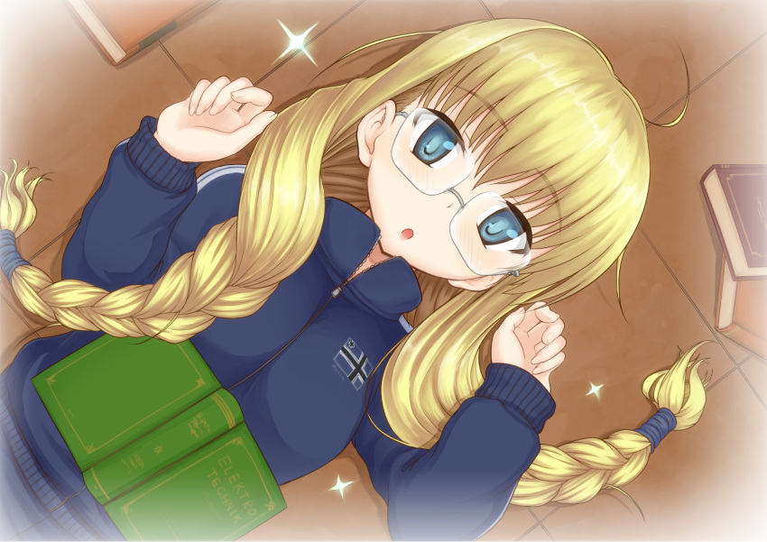 :o, blonde_hair, blue_eyes, book, braid, copyright_request, daiteikoku, glasses, highres, hino_taka, long_hair, lying, messy_hair, on_back, open_book, retia_adolf, solo, sparkle, track_suit, twin_braids