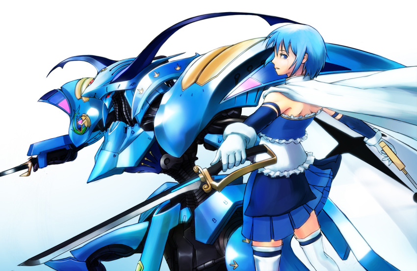 armband, back, blue_eyes, blue_hair, cape, crossover, dual_wielding, eshi_(solokov), five_star_stories, gloves, magical_girl, mahou_shoujo_madoka_magica, mecha, mermaid, miki_sayaka, monster_girl, neptune_(five_star_stories), short_hair, sword, tears, thigh-highs, thighhighs, weapon, zettai_ryouiki