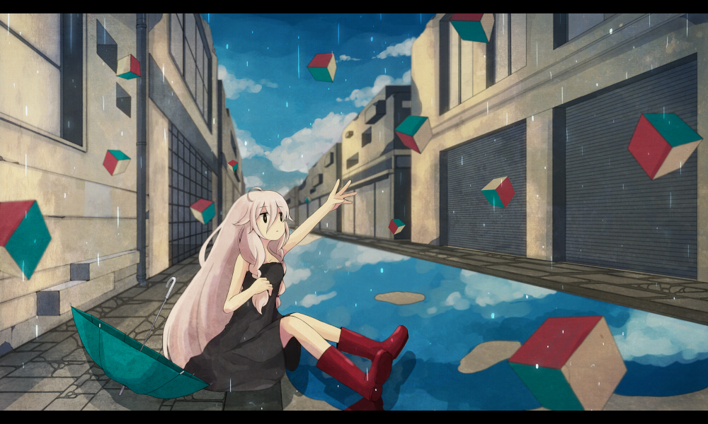 boots, canal, cube, ia_(vocaloid), long_hair, outstretched_hand, pink_hair, puddle