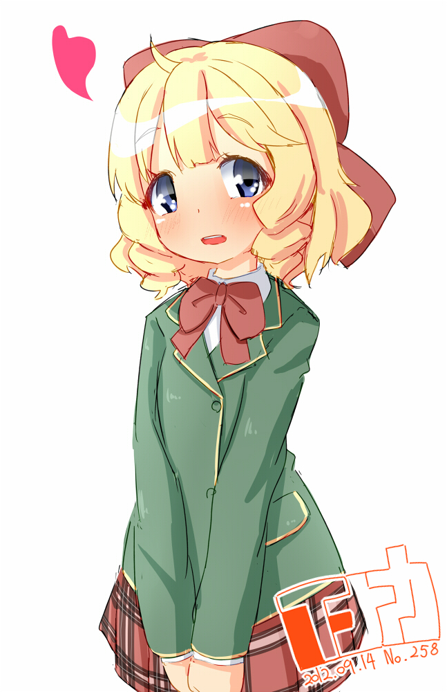 blazer, blonde_hair, blue_eyes, bow, curly_(jintai), drill_hair, hair_bow, heart