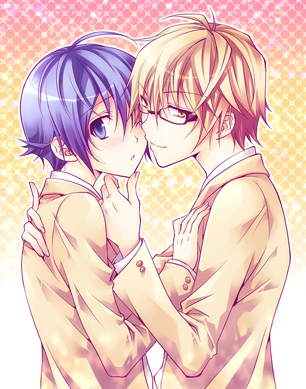 ahoge, bakuman, blonde_hair, blue_eyes, blue_hair, chin_hold, glasses, mashiro_moritaka, multiple_boys, school_uniform, seren_(seresere), short_hair, smile, takagi_akito, yaoi, yellow_eyes