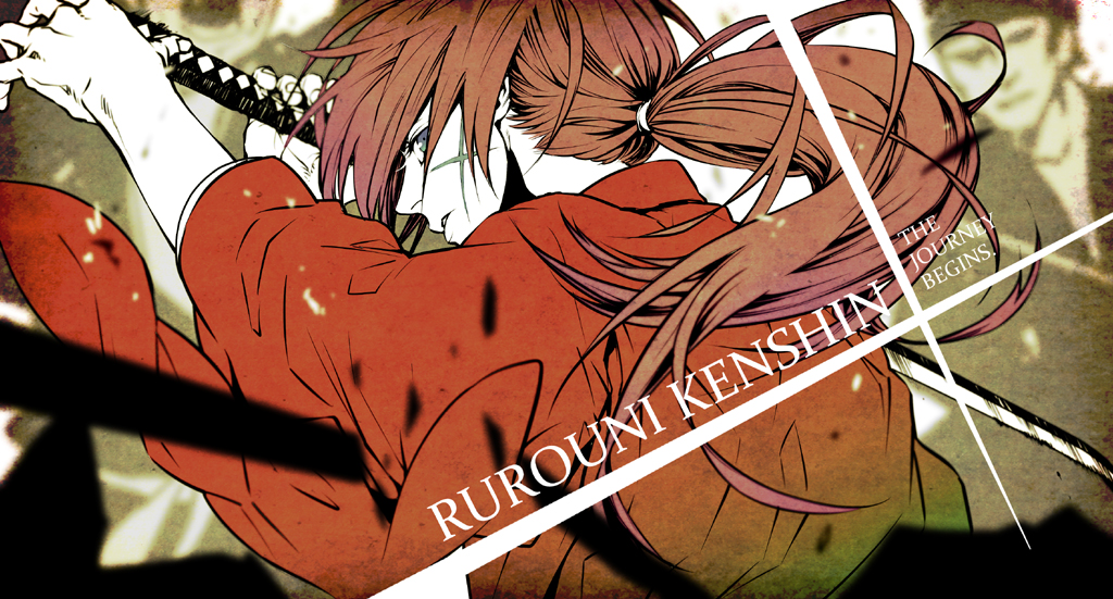 himura_kenshin, japanese_clothes, katana, long_hair, male, ponytail, red_hair, redhead, rurouni_kenshin, saitou_rokuro, samurai, scar, solo, sword, weapon
