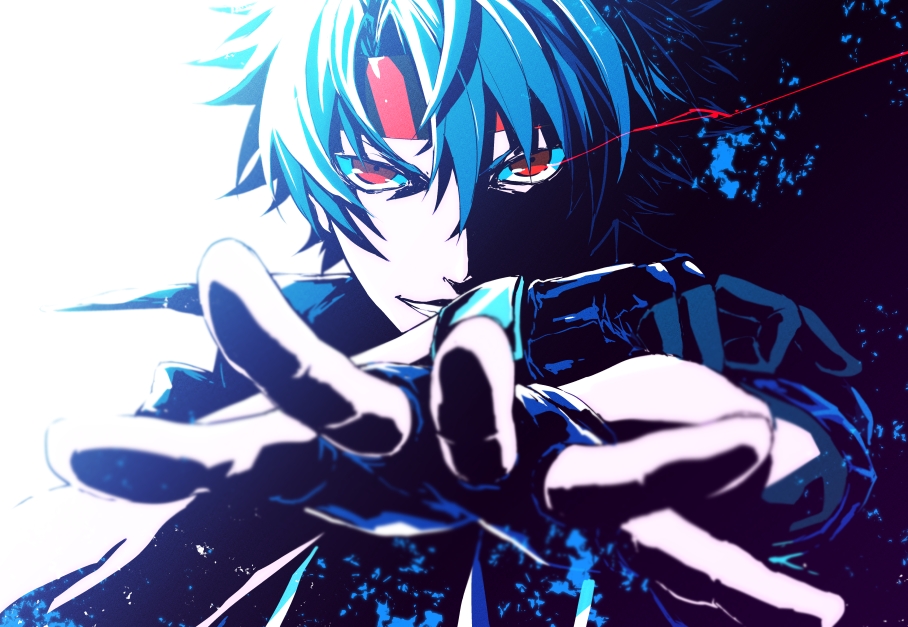 1boy, black_hair, blue_hair, fingerless_gloves, gloves, grin, headband, majutsushi_orphen