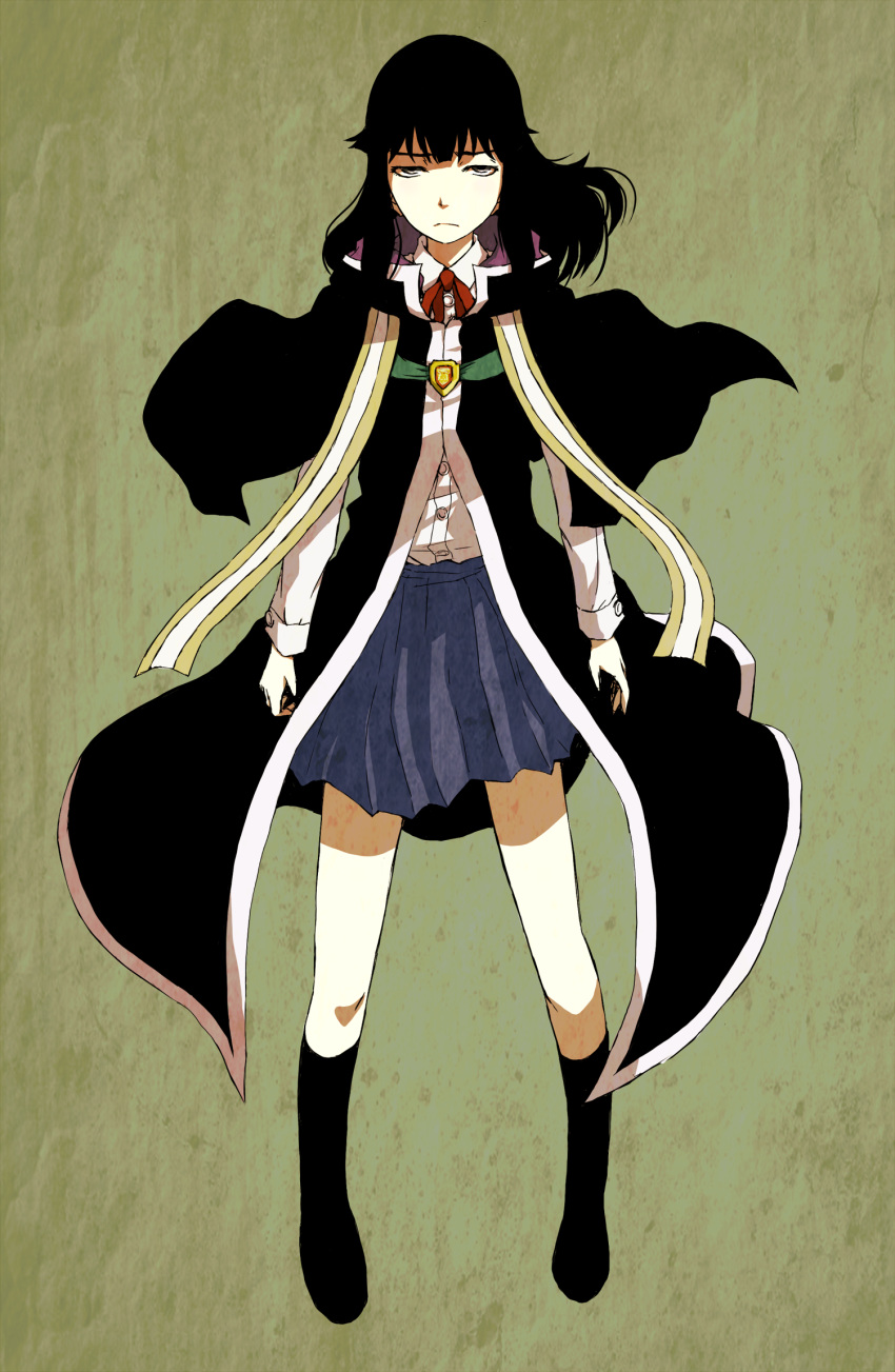black_hair, highres, long_hair, majutsushi_orphen, ratchett_finrandi, school_uniform, skirt, solo