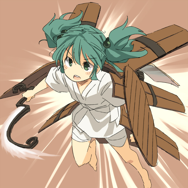 armor, barefoot, blush, brown_background, bucket, energy_sword, flying, green_eyes