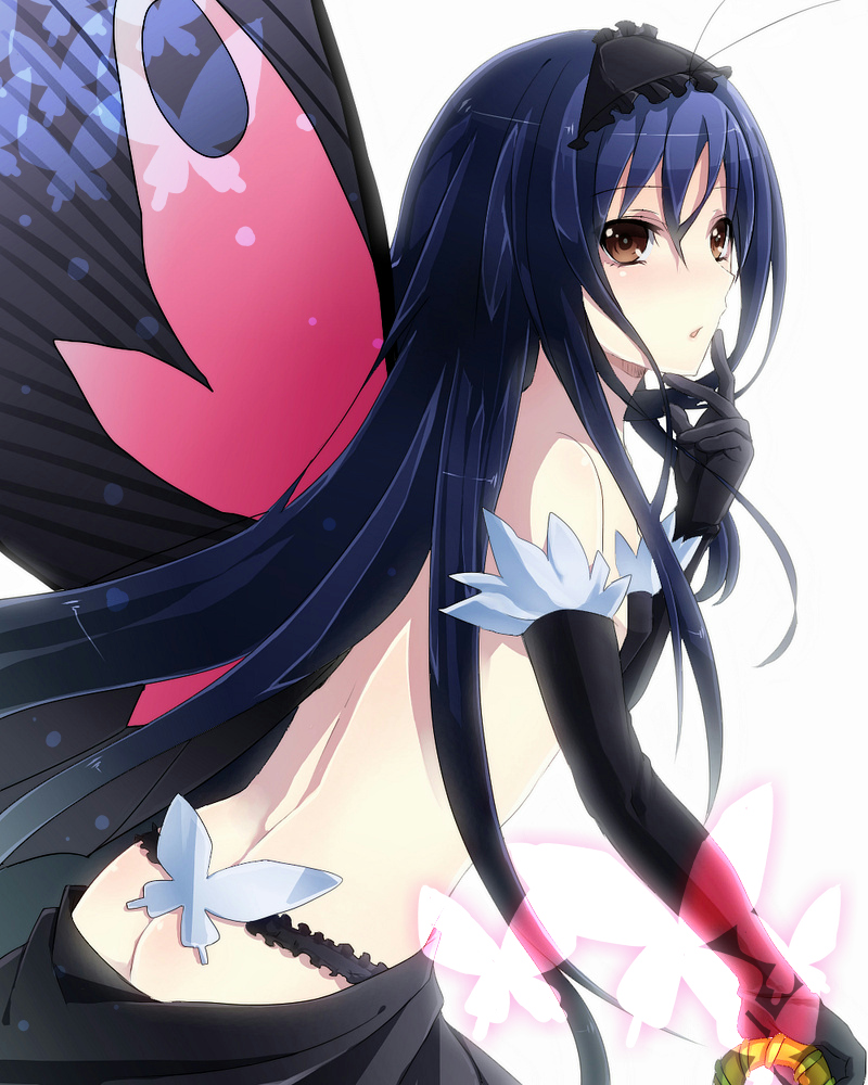 accel_world, antenna_hair, ass, blue_hair, brown_eyes, butterfly, butterfly_wings, elbow_gloves
