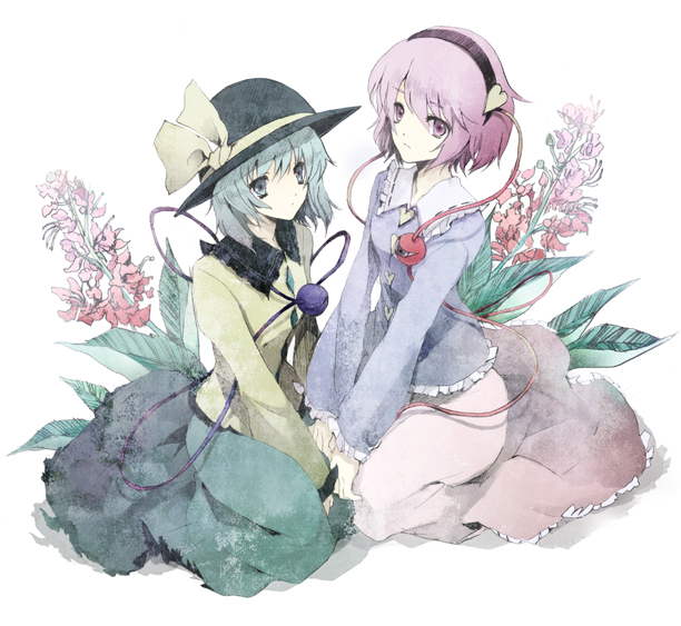 2girls, bad_id, cierra_(ra-bit), closed_eyes, collarbone, flower, green_eyes, green_hair