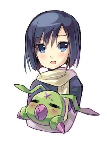antennae, black_hair, blue_eyes, blush, child, claws, closed_eyes, digimon