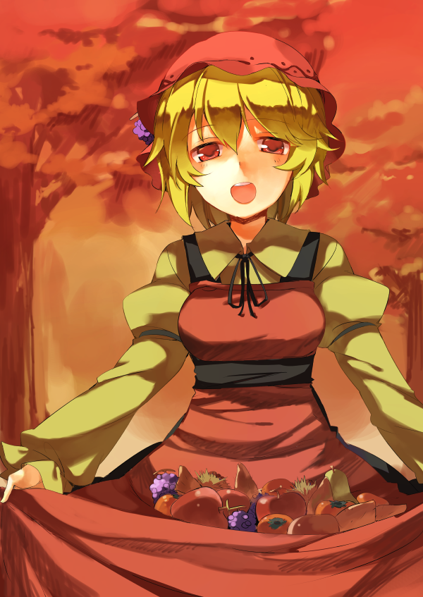 aki_minoriko, apple, blonde_hair, delorean_(hasabe_yu2), food, fruit, grapes, hasebe_yuusaku