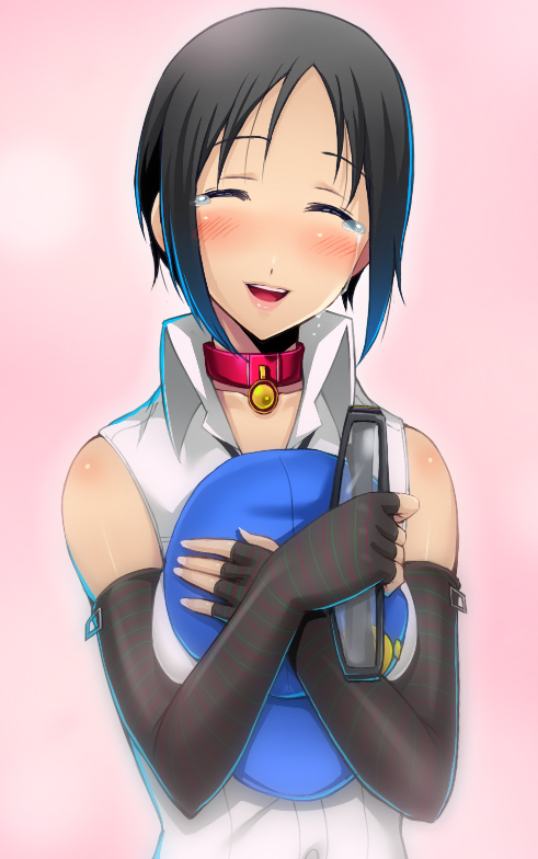 :d, ^_^, bare_shoulders, black_legwear, blush, closed_eyes, collar, collarbone