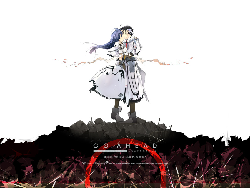 1girl, black_hair, blue_hair, bodysuit, closed_eyes, couple, eyes_closed, hand_holding