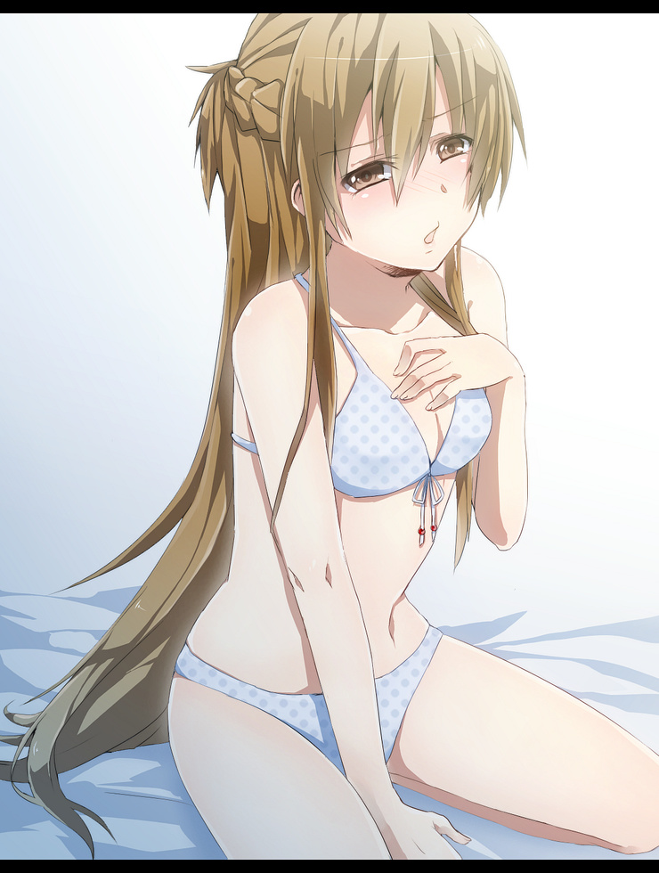 1girl, asuna_(sao), bikini, blonde_hair, blue_bikini, blush, breasts, cleavage