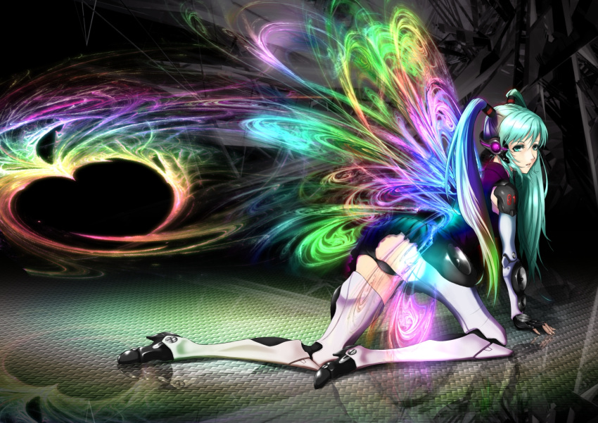 all_fours, android, boots, din47060702, din_(raiden), green_eyes, green_hair, hatsune_miku