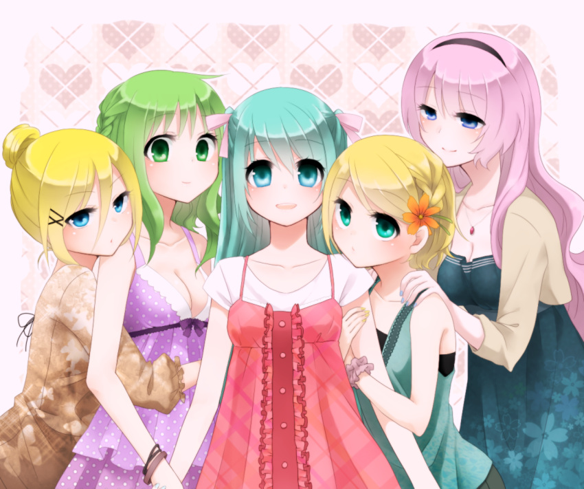 blonde_hair, blue_eyes, blue_hair, blush, breasts, green_eyes, green_hair, gumi, hatsune_miku, highres, kagamine_len, kagamine_rin, lily_(vocaloid), long_hair, looking_at_viewer, megurine_luka, nyakelap, pink_hair, short_hair, smile, vocaloid