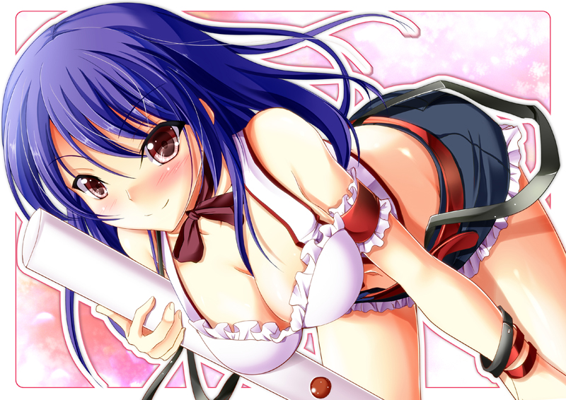 armband, bangle, bangs, bare_shoulders, belt, bent_over, blue_hair, blush, border, bracelet, breasts, campbell_(pixiv), cleavage, copyright_request, denim, denim_shorts, dutch_angle, frills, hair_between_eyes, hand_on_thigh, holding, jewelry, kazakami_sayaka, large_breasts, long_hair, looking_at_viewer, mahjong_monogatari, midriff, navel, outline, parted_bangs, payot, red_eyes, ribbon, ribbon_choker, short_shorts, shorts, smile, solo, tank_top