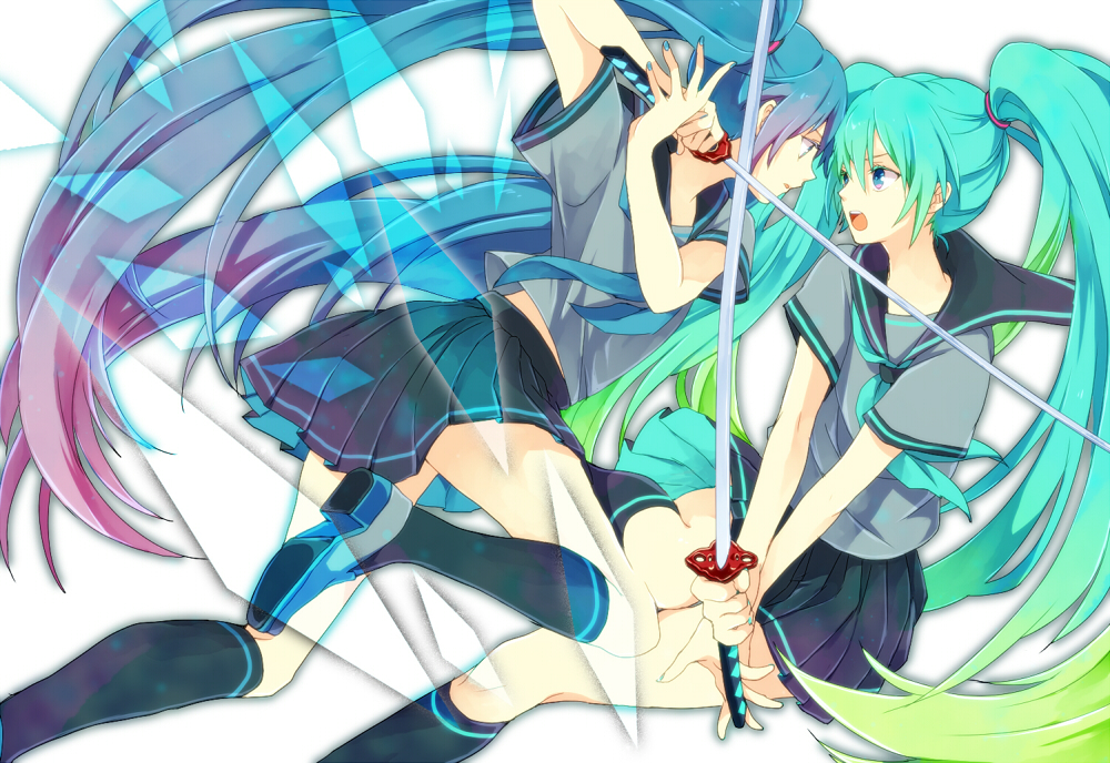 aqua_eyes, aqua_hair, fighting, hatsune_miku, katana, kneehighs, long_hair, multiple_girls, open_mouth, school_uniform, serafuku, skirt, sword, twintails, very_long_hair, vocaloid, weapon, yy888s