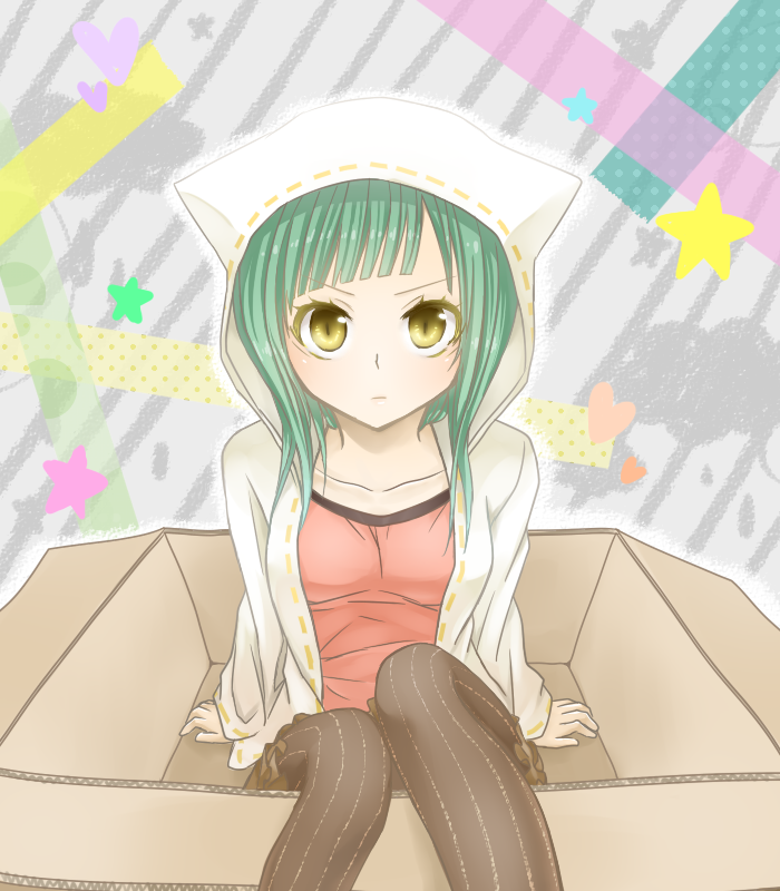 box, copyright_request, green_hair, hoodie, in_box, in_container, looking_at_viewer, nyakelap