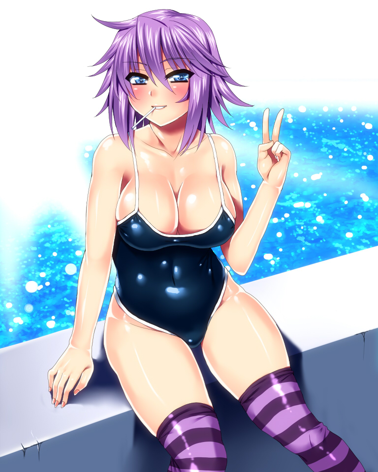 anzu_(onelelee), bad_id, blue_eyes, blush, breasts, candy, cleavage, lollipop