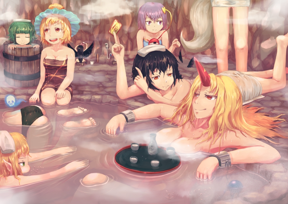 ass, bare_shoulders, barefoot, bathing, black_hair, black_wings, blonde_hair, breasts