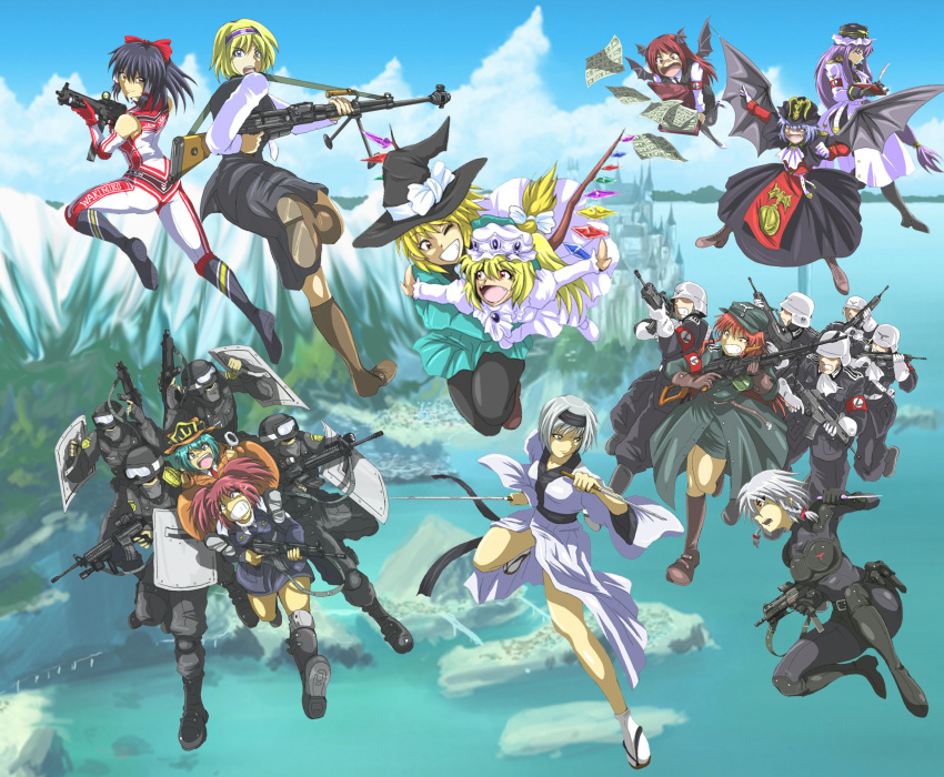 anti-materiel_rifle, anti-tank_rifle, armpit_holster, assault_rifle, bat_wings, bipod, blonde_hair, blue_eyes