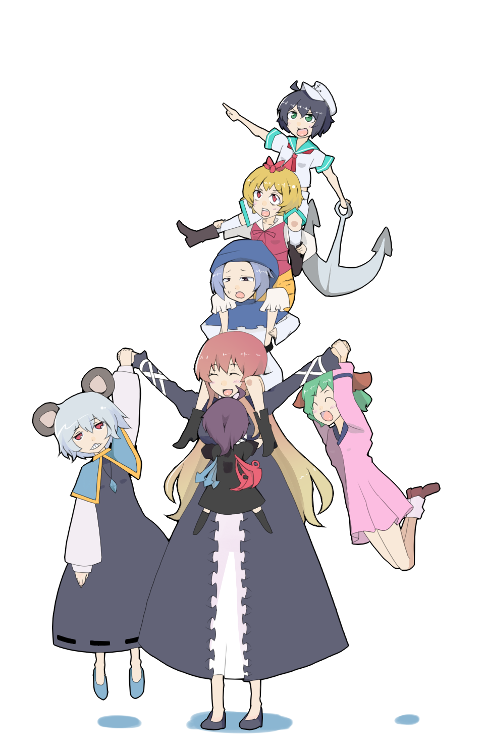 anchor, animal_ears, asymmetrical_wings, black_hair, blonde_hair, blue_hair, capelet, closed_eyes, eyes_closed, gradient_hair, green_eyes, green_hair, gyokuro_omega, hair_ornament, hat, highres, hijiri_byakuren, hood, houjuu_nue, hug, human_tower, jewelry, kasodani_kyouko, kumoi_ichirin, long_hair, long_sleeves, mouse_ears, multicolored_hair, multiple_girls, murasa_minamitsu, nazrin, open_mouth, pendant, pointing, red_eyes, red_hair, redhead, short_hair, short_sleeves, silver_hair, stacking, sweatdrop, toramaru_shou, touhou, undefined_fantastic_object, white_background, wings