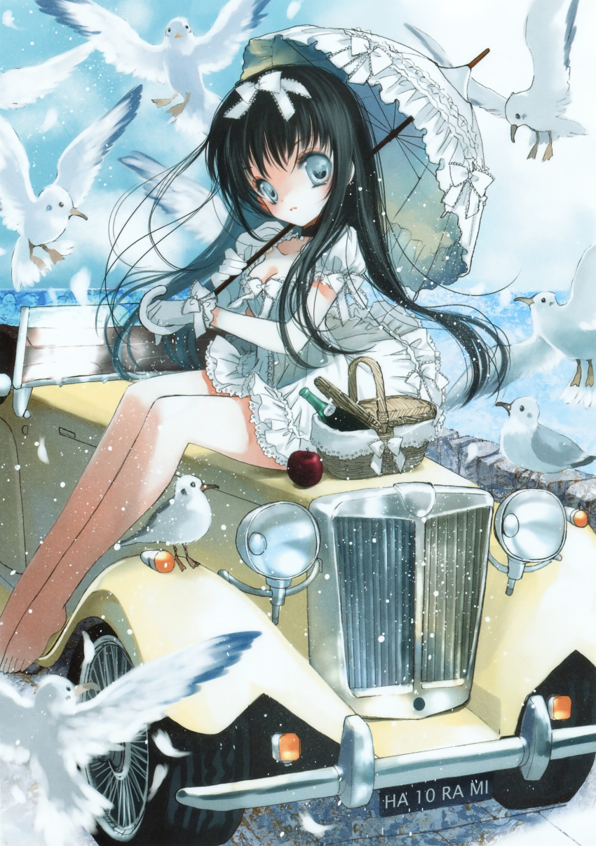 absurdres, apple, aqua_eyes, barefoot, bird, black_hair, bow, breasts