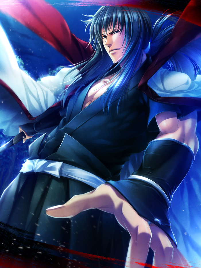 black_hair, blood, hiko_seijuurou, japanese_clothes, katana, long_hair, male, nachicoco, ponytail, rurouni_kenshin, solo, sword, weapon
