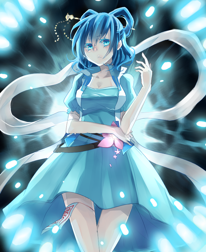 blue_eyes, blue_hair, breasts, cleavage, dress, flower, hair_rings, hair_stick, kaku_seiga, nazora, ofuda, shawl, short_hair, short_sleeves, solo, touhou, vest