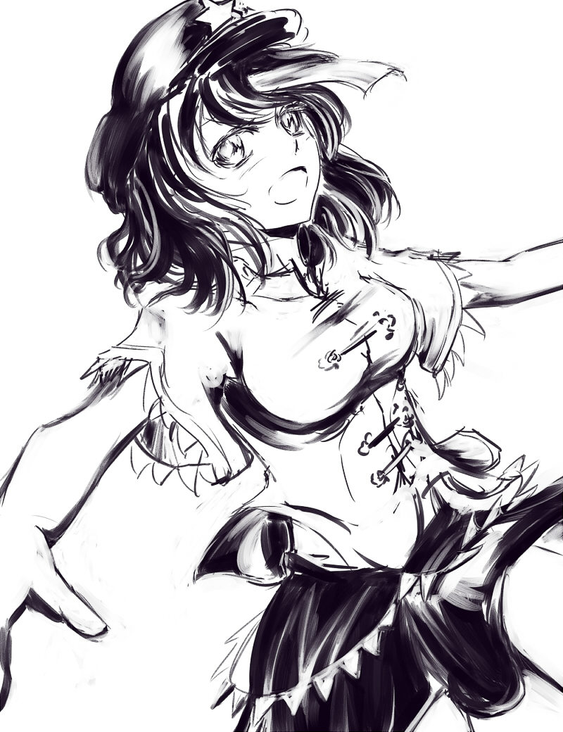 breasts, f_kz, hat, miyako_yoshika, monochrome, ofuda, open_mouth, outstretched_arms, short_hair, simple_background, skirt, smile, solo, star, touhou, white_background, zombie_pose