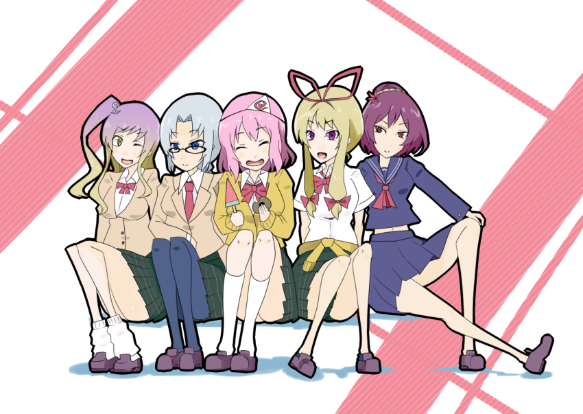 alternate_hairstyle, blonde_hair, blue_eyes, bow, doughnut, glasses, gradient_hair, gyokuro_omega, hijiri_byakuren, kneehighs, loose_socks, multicolored_hair, multiple_girls, necktie, pantyhose, pink_hair, popsicle, purple_eyes, purple_hair, red_eyes, ribbon, saigyouji_yuyuko, school_uniform, serafuku, short_hair, side_ponytail, silver_hair, smile, socks, touhou, violet_eyes, watermelon_bar, yagokoro_eirin, yakumo_yukari, yasaka_kanako, yellow_eyes