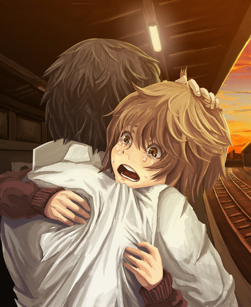 brown_hair, comforting, hand_on_head, homeko_(artist), hug, messy_hair, short_hair, tears