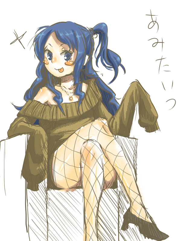 :p, blue_hair, blush_stickers, chair, crossed_legs, fishnet_pantyhose, fishnets, homeko_(artist)
