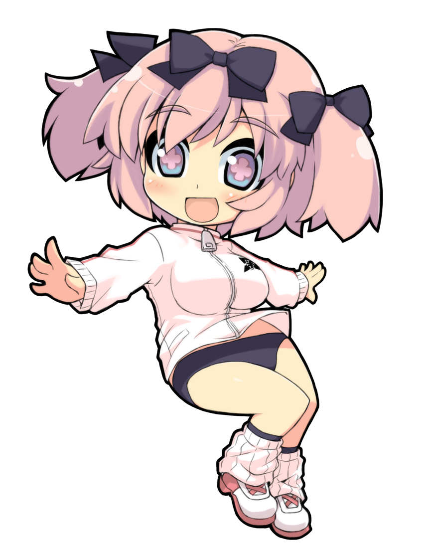 1girl, blush, bow, breasts, buruma, crazy_developers, gradient_eyes, gym_uniform