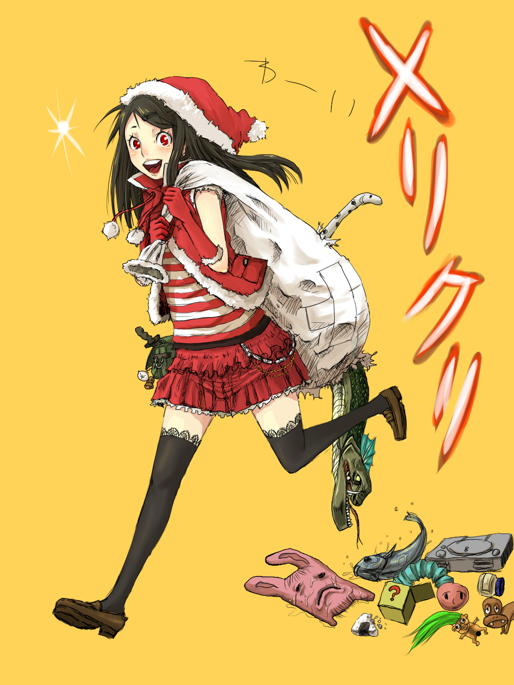 black_legwear, black_thighhighs, christmas, elbow_gloves, fish, gloves, highres, homeko_(artist), legs, playstation, product_placement, red_eyes, sack, santa_costume, shirt, skirt, striped, striped_shirt, thigh-highs, thighhighs