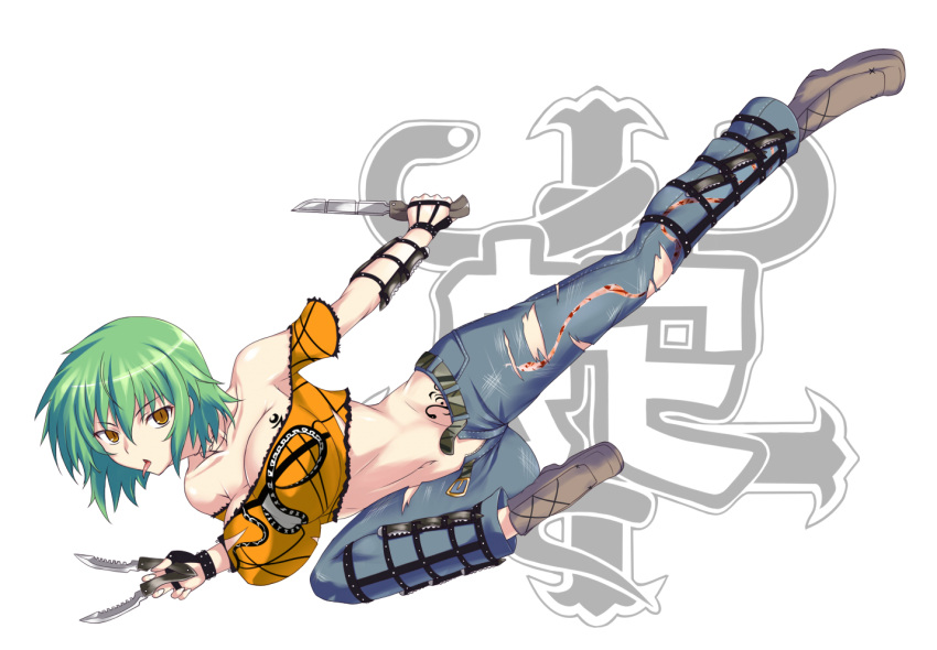 belt, bouncing_breasts, breasts, choker, collarbone, crop_top, flying_kick, green_hair
