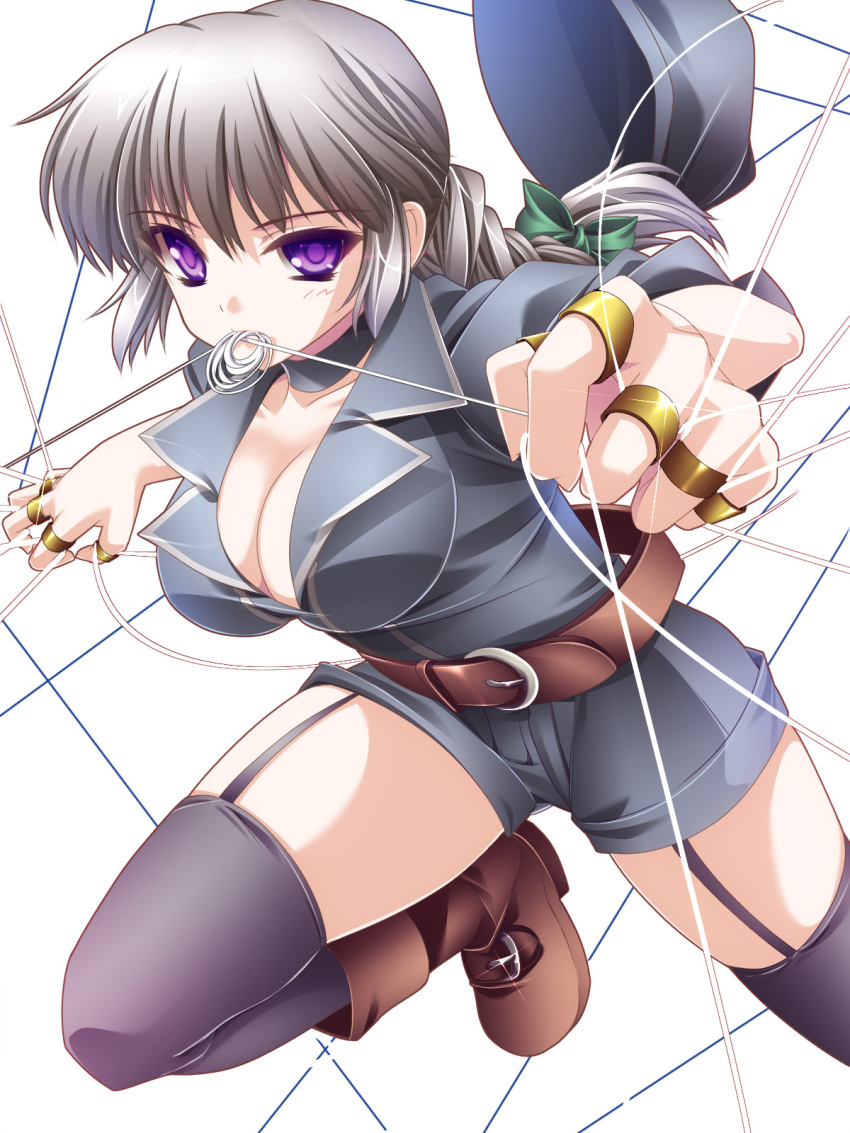 belt, black_legwear, boots, braid, breasts, cleavage, copyright_request, garter_belt, grey_hair, highres, jewelry, large_breasts, moneti_(daifuku), mouth_hold, purple_eyes, ring, short_shorts, shorts, string, string_pull, thigh-highs, thighhighs, violet_eyes