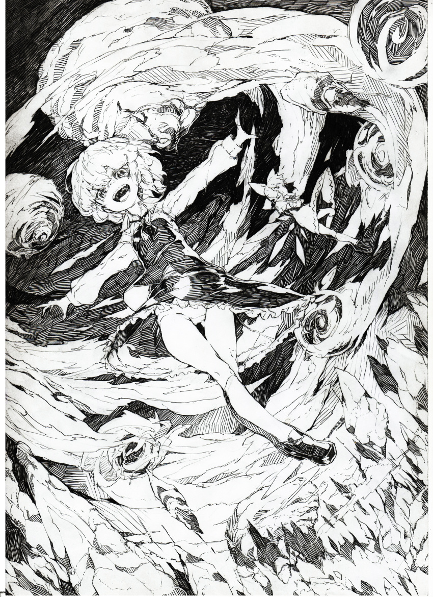 absurdres, cirno, highres, kneehighs, konnanottenaiyo, monochrome, multiple_girls, panties